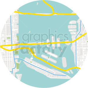 Aerial view clipart of a coastal city map featuring roads, waterways, and urban areas.