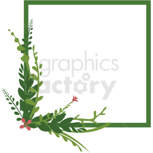 A clipart image of a green corner frame decorated with various green leaves and small pink flowers.