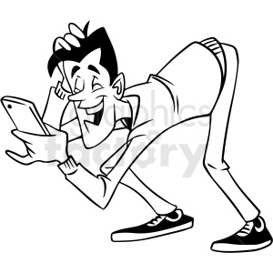 A humorous black and white clipart image of a man laughing while looking at his phone, possibly at something funny on social media.