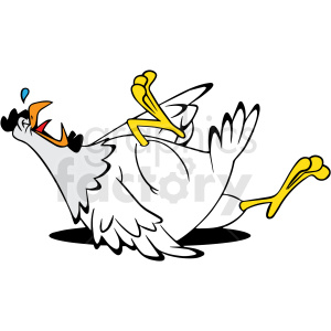 The image is a clipart of a cartoon chicken lying on its back, laughing uproariously. Its mouth is open, revealing a tongue and teeth, and it has a happy expression with closed eyes. The chicken has white feathers with black wingtips, an orange beak, and vibrant yellow legs and feet raised in the air. A small teardrop-like shape indicates it might be crying out of laughter.