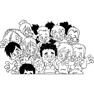 The clipart image shows a group of black and white cartoon children gathered together in what appears to be a classroom or school setting. They are standing closely together and facing forward, suggesting they might be listening to a teacher or participating in an activity together as a group.
