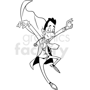 black and white cartoon doctor jumping into action vector clipart
