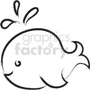 The image shows a simple black and white line drawing of a whale with a cute expression and water spouting from its blowhole.