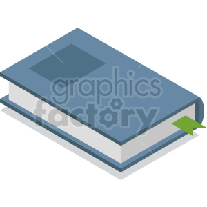 Isometric illustration of a closed blue book with a green bookmark.