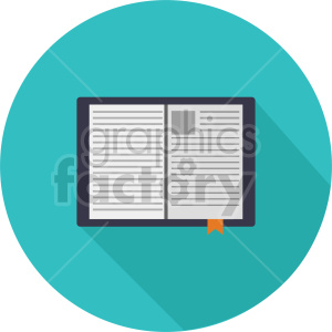 Illustration of an open book or journal with visible pages and a bookmark, set against a teal circular background.