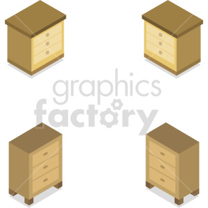 Clipart image of four isometric wooden bedside tables with three drawers, viewed from different angles.