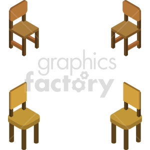 A clipart image featuring four isometric wooden chairs positioned in a square layout, viewed from different angles.