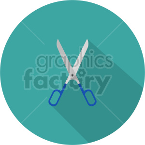 Clipart image of a pair of scissors with blue handles on a teal circular background.