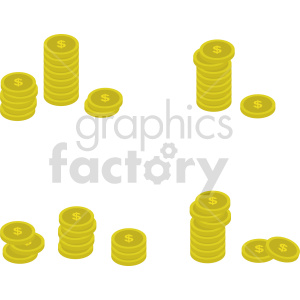 Clipart of multiple stacks of gold coins with dollar signs.