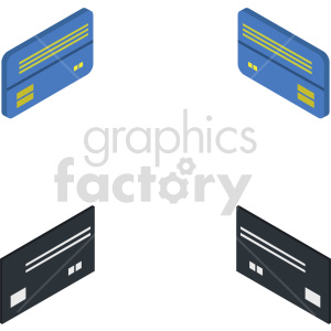 A clipart image depicting four isometric credit or debit cards. Two cards are blue and positioned at the top, and the other two are black and positioned at the bottom.