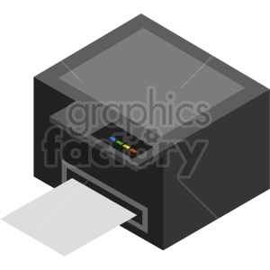 The clipart image shows an isometric view of a printer, which is a computer peripheral device used to produce physical copies of digital documents or images. The printer is depicted with a paper tray at the bottom, a printing mechanism in the middle, and a control panel or display screen on the top. It has a compact and modern design, with clean lines and a sleek finish. The isometric perspective provides a three-dimensional representation of the printer from multiple angles, allowing for a more detailed view of its shape and features.