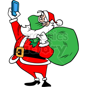 Clipart image of Santa Claus wearing a face mask and taking a selfie while holding a sack of gifts.