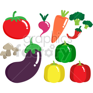 This clipart image features various colorful vegetables, including a tomato, carrot, broccoli, radish, chili pepper, mushrooms, eggplant, and green, red, and yellow bell peppers.