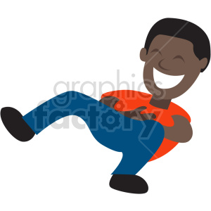 A cartoon illustration of a person laughing heartily, sitting back with hands on their stomach, wearing a red shirt and blue pants.