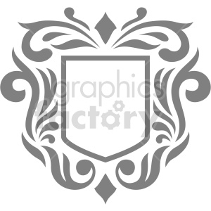A grayscale vintage heraldic shield design with ornate floral elements and swirls surrounding a blank central crest.