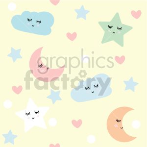 Cute and whimsical seamless pattern featuring smiling clouds, stars, moons, and hearts on a soft yellow background. Ideal for baby products, children's decor, or nursery themes.