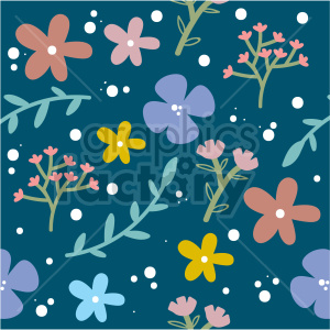 A colorful floral pattern with various flowers in shades of pink, yellow, blue, and purple, along with green leafy branches and white dots on a dark blue background.