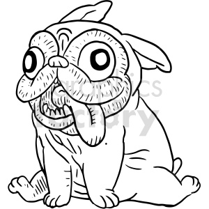 The image is a black and white line drawing that depicts a caricature of a pug dog. The dog has exaggerated features: large, round, googly eyes; a conspicuous, oversized tongue hanging out to the side; and the ears are drawn to look somewhat floppy, giving the character a goofy or silly appearance. The pug is seated and appears to be looking slightly to its right with a surprised or playful expression. However, there is no visible tattoo in this image.