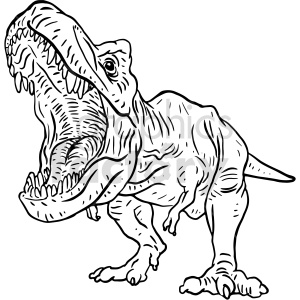 This image is a black and white line art illustration of a Tyrannosaurus Rex (T-Rex) dinosaur. The dinosaur is depicted in a roaring pose with its mouth wide open, displaying a set of sharp teeth. Its muscular legs and small arms are also visible, as it stands depicted in a side profile view. This type of image may be used as a design for a tattoo due to its bold lines and dramatic pose.