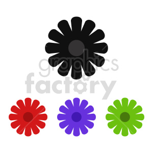 A set of 4 flower heads, in black, red, purple and green