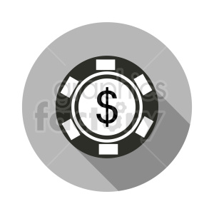 A clipart image featuring a black and white poker chip with a dollar sign ($) in the center, set against a circular gray background with a long shadow effect.