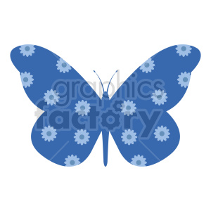 The image depicts a stylized blue butterfly with a pattern of white flowers on its wings. The butterfly is symmetrical and illustrated in a simple, flat graphic style.