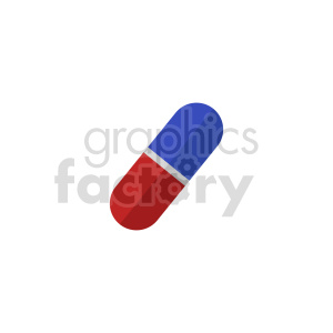 A simple clipart image of a red and blue capsule pill.