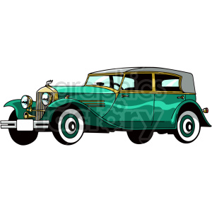 Illustration of a vintage classic car with a teal body and gold accents.