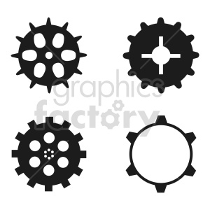 A collection of four different black gear icons in a clipart style.