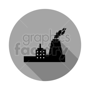 Silhouette of a factory building with smokestacks on a circular gray background.