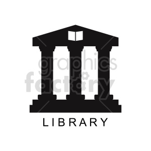 Clipart image of a library building with a classical architectural style, featuring columns and a book symbol.