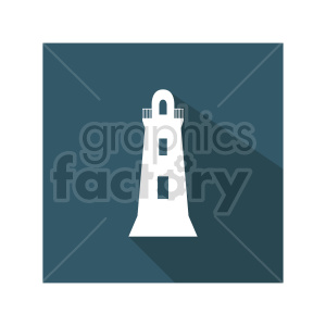 A minimalist clipart image of a lighthouse in a flat design style, featuring a stylized white lighthouse silhouette on a blue background.