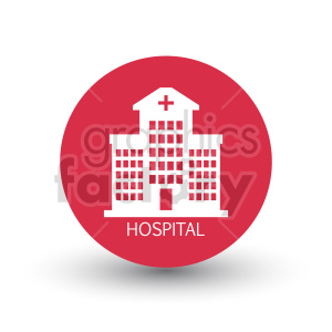 Red circular icon with a white silhouette of a hospital building and a cross, labeled 'HOSPITAL'.