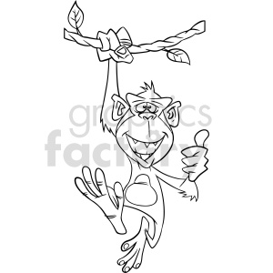 This clipart image features a cheerful cartoon monkey hanging from a tree branch. The monkey is smiling while giving a thumbs up gesture.