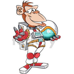 A cartoon monkey dressed as an astronaut, holding a space helmet and gesturing a peace sign.