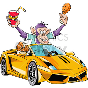 A fun clipart image featuring a joyful monkey driving a yellow sports car. The monkey is holding a drink in one hand and a piece of fried chicken in the other, with a bucket of fried chicken placed on the car's rear.