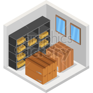 Isometric illustration of a storage room with shelves and stacked cardboard boxes.