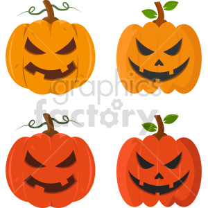 This clipart image showcases four different carved Halloween pumpkins with menacing faces and varying shades of orange. Each pumpkin features distinct facial expressions and green stems with leaves.