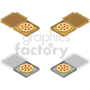 Clipart image showing four pizzas in open boxes viewed from different angles. The pizzas are inside brown and gray boxes and are topped with pepperoni and green garnish.