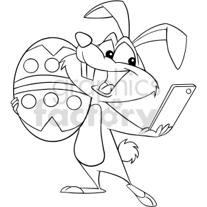 A cartoon Easter bunny holding a decorated Easter egg and using a smartphone. The bunny is smiling and appears happy.