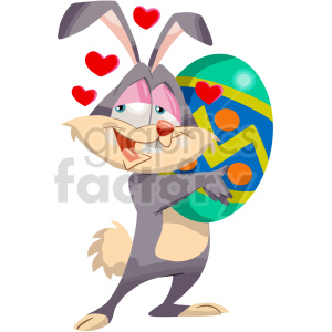 A cheerful cartoon bunny hugging a large, colorful Easter egg with hearts floating around its head.