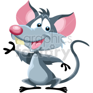   The clipart image shows a cartoon mouse or rat, depicted with gray fur, large round ears, a long tail, and big front teeth. The mouse is standing on its hind legs with its paws outstretched, as if it