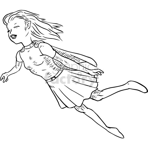 Black and white clipart illustration of a superhero girl flying with a cape and smiling.