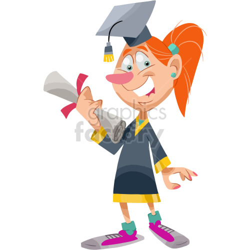 A cartoon girl graduate wearing a cap and gown holding a diploma, smiling with visible excitement.