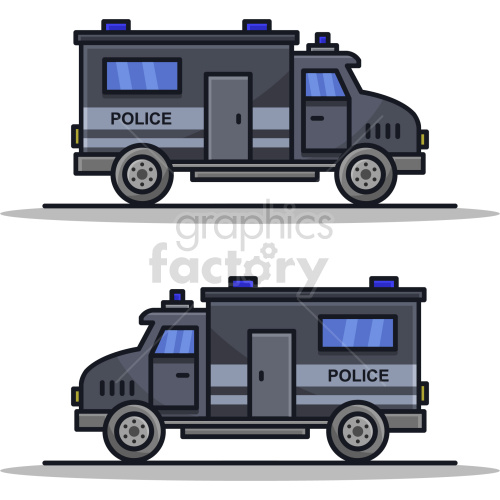 Clipart image of two police vans with dark grey and blue coloring, featuring police labels and emergency lights.