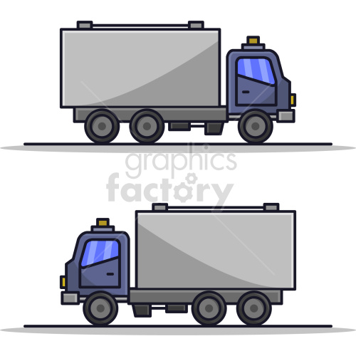 Clipart image of two delivery trucks with gray cargo compartments and blue cabs, shown side by side.