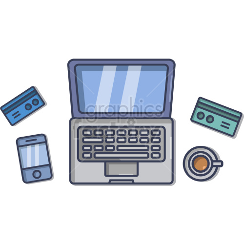 Clipart image depicting a laptop computer, a smartphone, two credit cards, and a coffee cup. The items are arranged in a minimalist, flat design style.