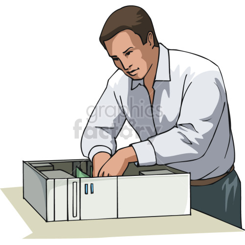 Clipart image of a man in a white shirt working on an open desktop PC
