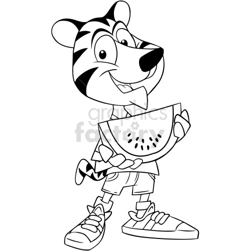 The clipart image shows a cartoon tiger kid eating a slice of watermelon. The tiger is wearing sneakers and shorts. This image is line art with clean lines