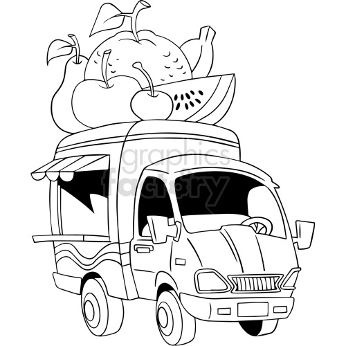 Black and white clipart image of a food truck with various fruits, including a watermelon, pear, apple, and cherries, on its roof.